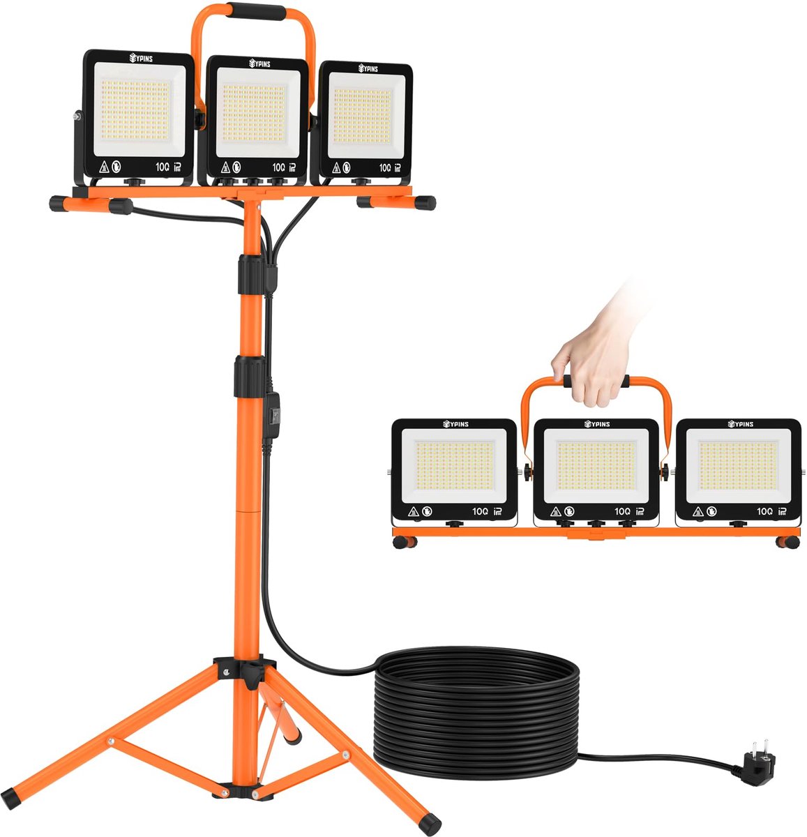 SnelShoppen - 3 x 100 W LED-bouwspots met statief, 5 m kabel, waterdichte werklamp 8700 lm, 3000 K/5000 K/6000 K, 360° draaibare houder voor werkplaat