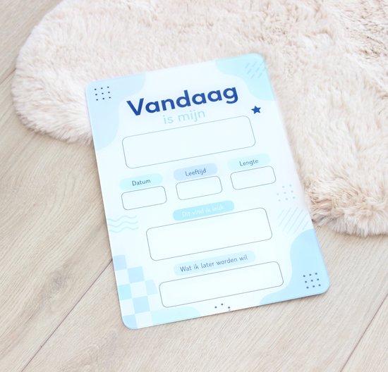 Blauw invulbord 'Vandaag is mijn...'. Met velden voor datum, leeftijd, lengte, wat ik leuk vind en wat ik later wil worden.