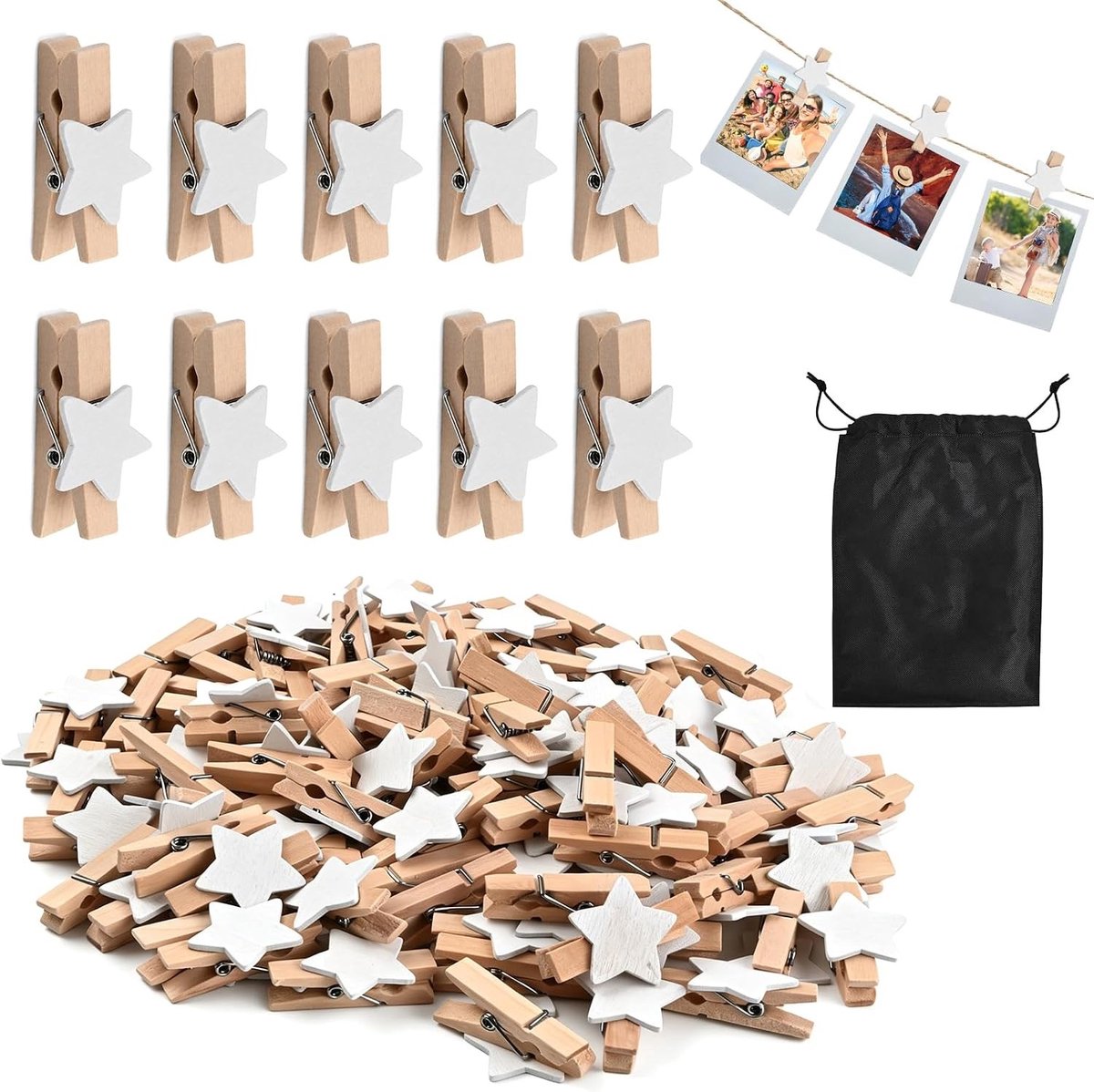 Mini houten sterretjes wasknijpers 3,5 cm in wit en zwart zakje, decoratieve knijpers voor bruiloften, kaarten en knutselprojecten, ideaal voor foto's en DIY creaties