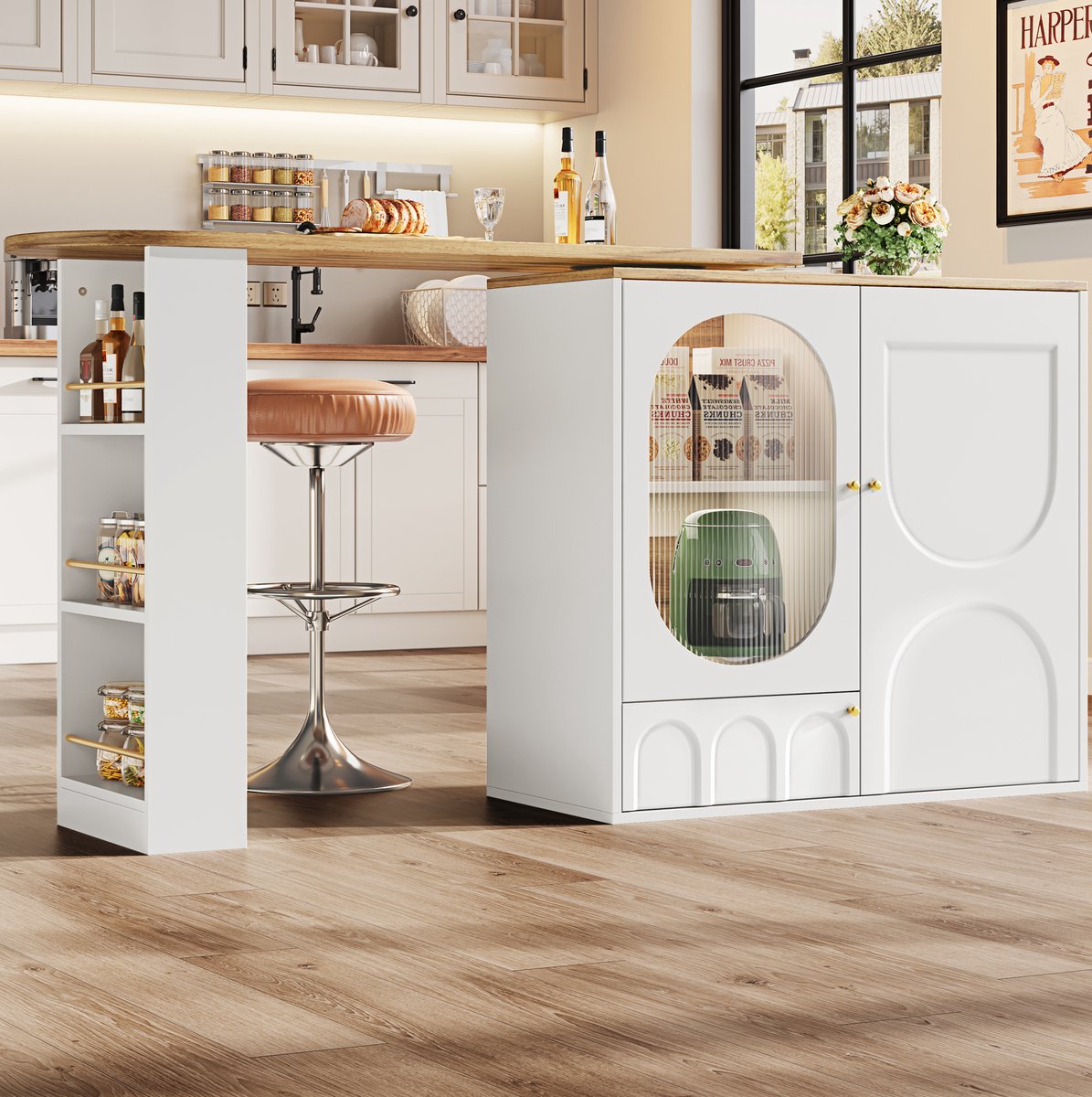 MEUNIQ Bartafel met 360° draaibaar en uitbreidbaar zijblad, 138-204 x 39 x 105 cm, 3 deuren en uitneembare legplank, keukeneiland voor keuken, wit