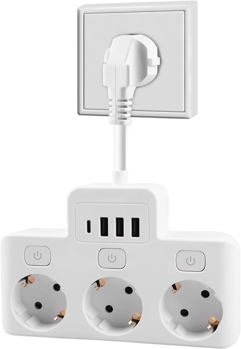 Thijox - 3-voudige Aansluitingen Bureau Stekkerdoos Verlengstekker 4000W 16A met 3 USB-poorten en Overbelastingsschakelaar voor Kantoor, Thuis en Reis