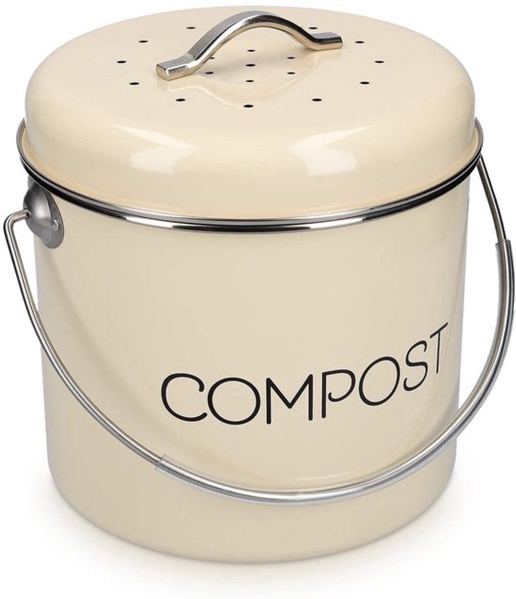 Compostbak 3L - Stijlvolle metalen compostemmer - Afvalbakje met 3x filter - Gft-afval prullenbak - Handgreep voor makkelijk transport - Vintage design - Afvalemmer