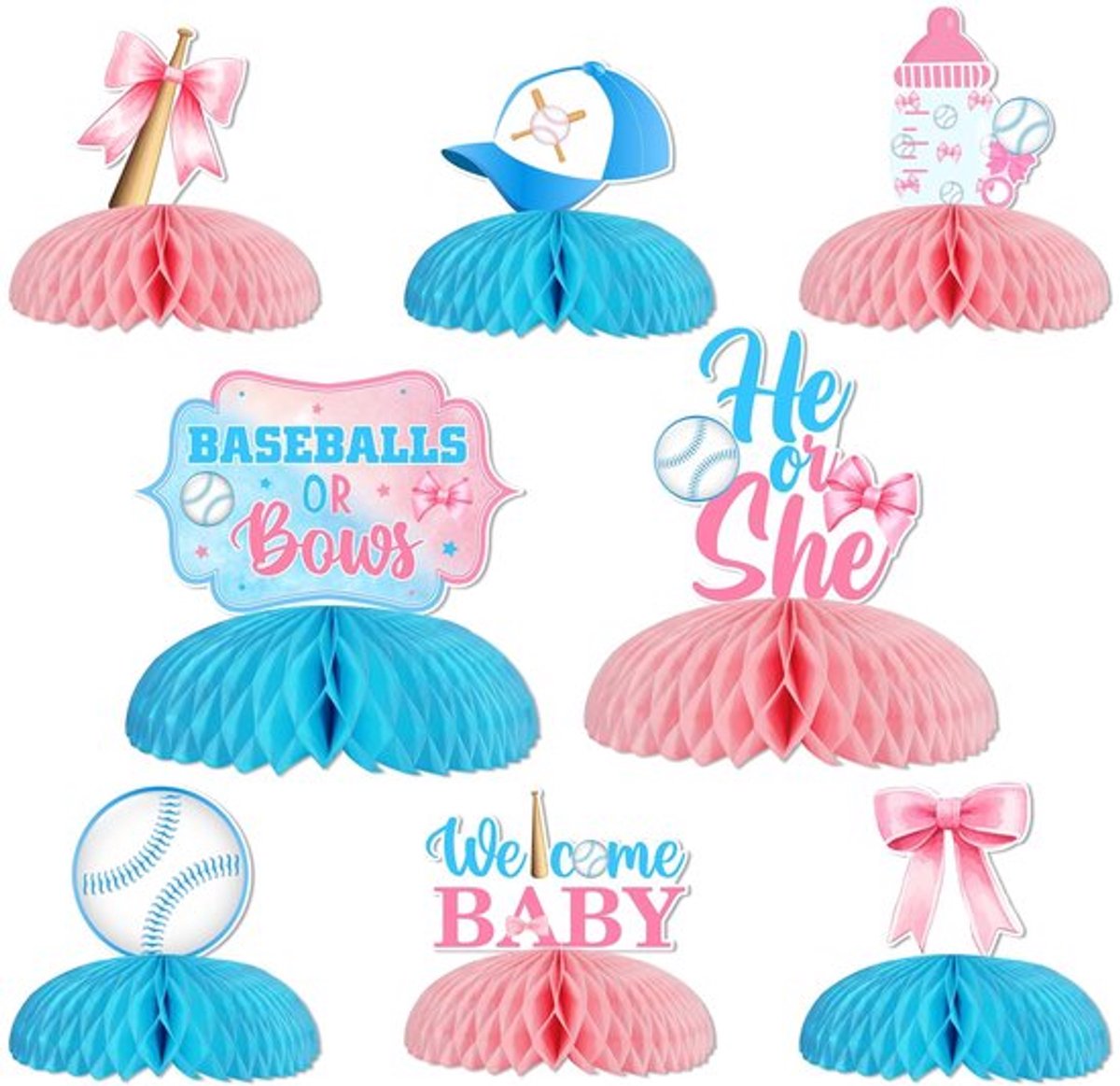 Honkballen Geslacht Onthullen - 8 Stuks - Honingraat Centerpieces - Sport Thema Decoraties - Jongen/Meisje - Feestartikelen - Genderonthulling