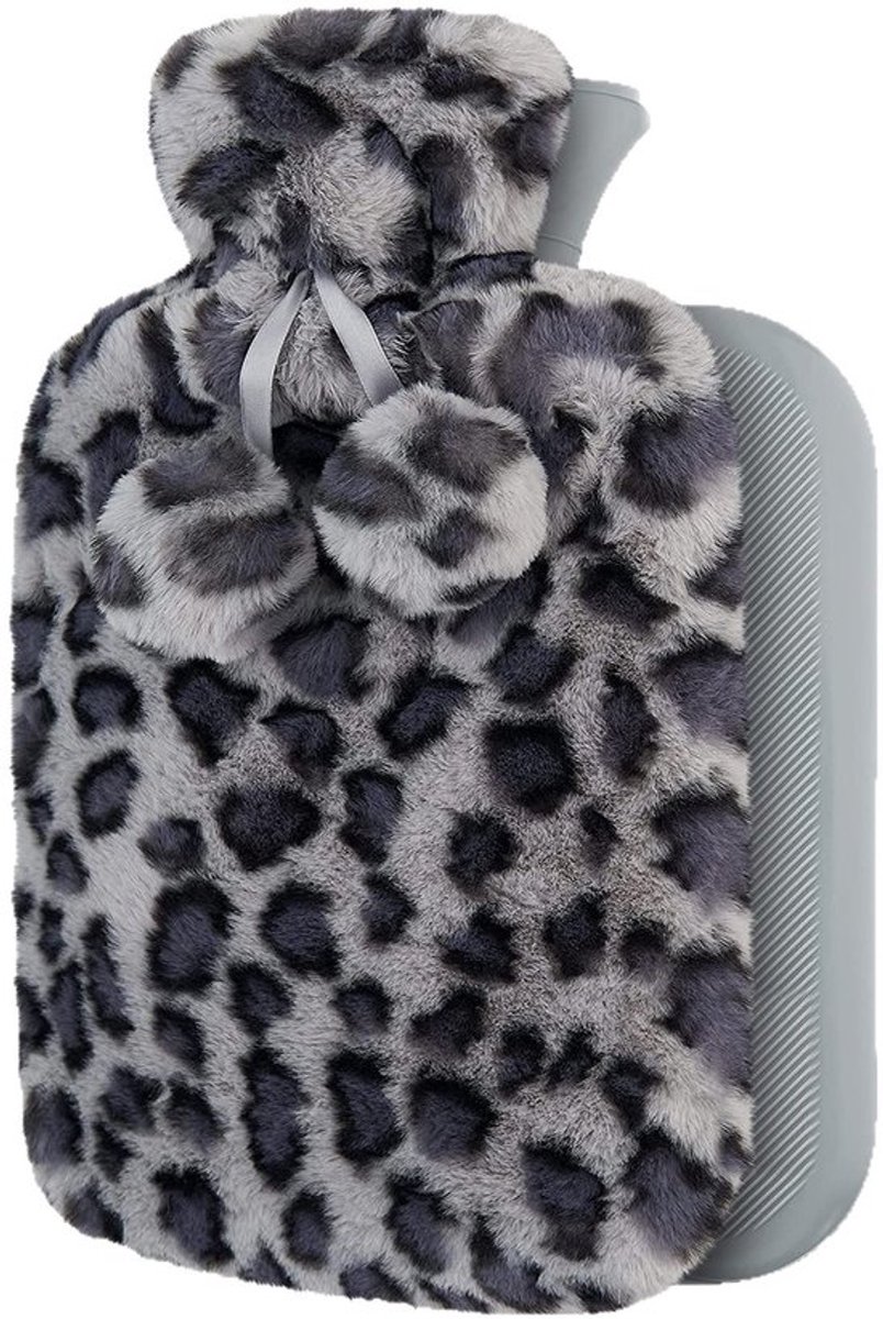 Winter kruik, zachte handwarmer, kruik met luipaardprint, afneembare en wasbare handwarmerzak - zwarte luipaardprint