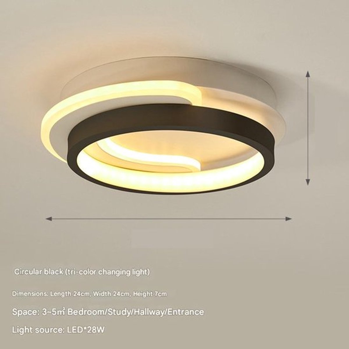 Driekleurige LED-plafondlamp, verstelbaar, geschikt voor slaapkamer, eetkamer, woonkamer, hal en woningdecoratie - Stijl A, rond, zwart.
