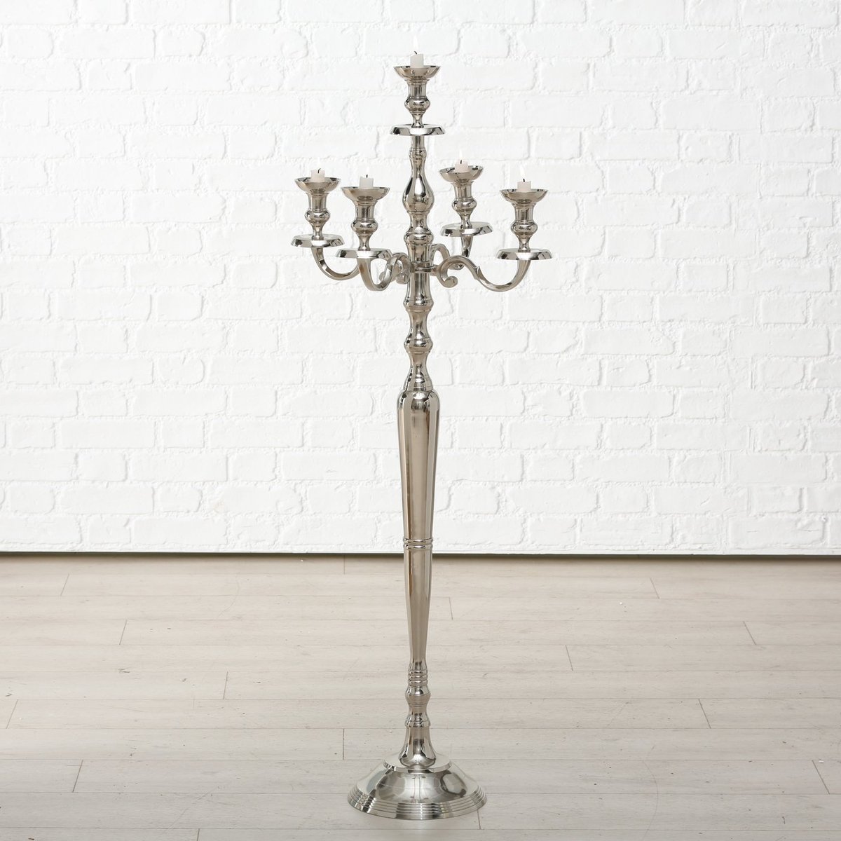 Kandelaar - XXL - 124 cm - Ø 46cm - Aluminium - 5 kaars houders - Zilver - Boltze