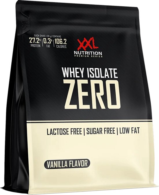 Zwarte verpakking van XXL Nutrition Whey Isolate Zero vanille smaak. Lactosevrij, suikervrij, laag vetgehalte, met 27,2g eiwit, 0,3g vet en 106,2 kcal per shake.