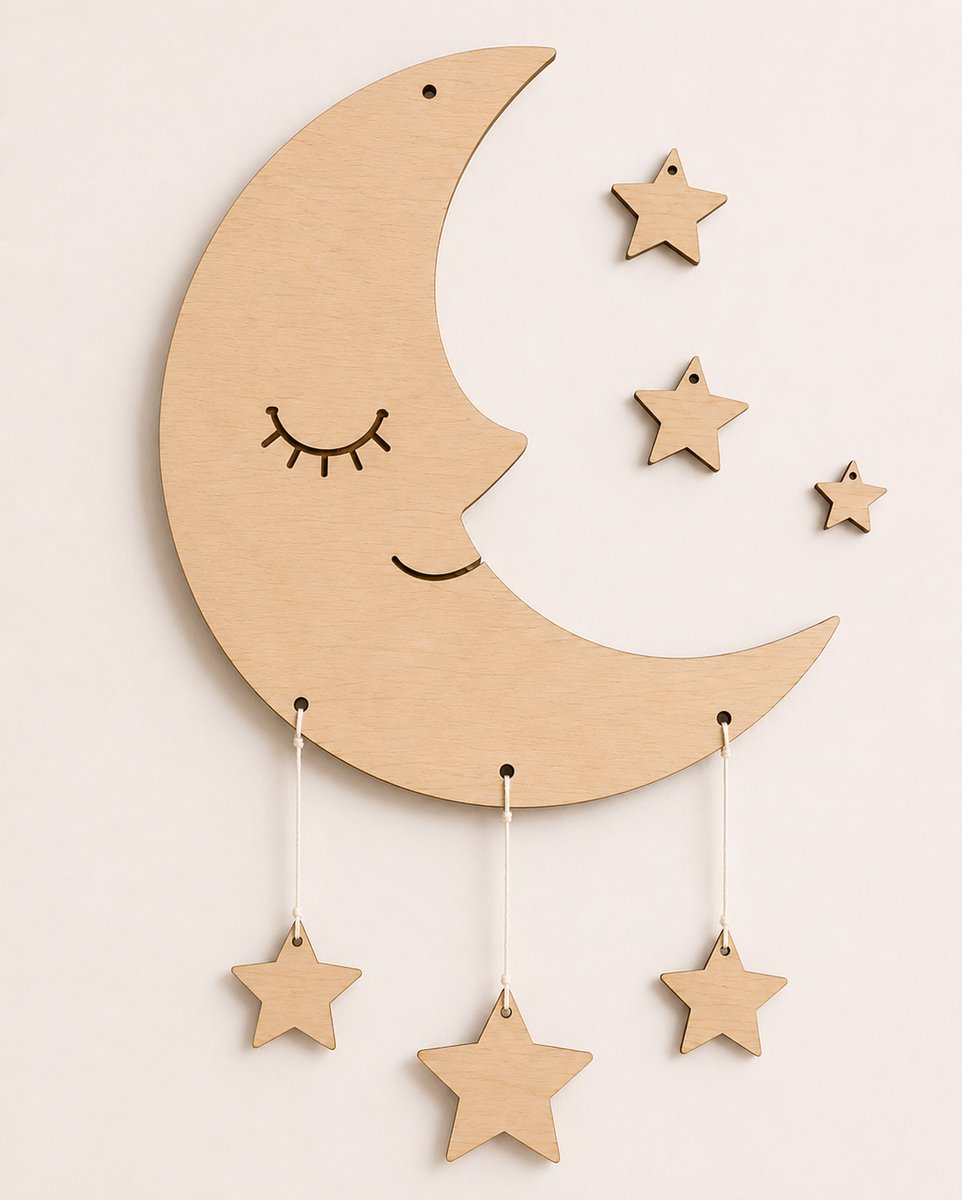 Houten Maan met Sterren Wanddecoratie | Babykamer Decoratie | Nursery Wall Decoration | Boho Kinderkamer | Natuurlijk Hout