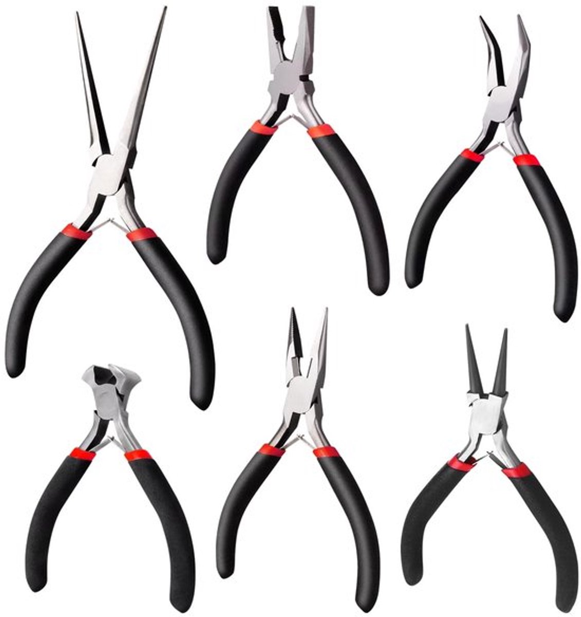 6-Delige Mini-Tangenset - Ronde Tangen - Ergonomisch Handvat - Zwart - Puntige Tang - Voor Doe-Het-Zelvers - Mini-Tangen Set