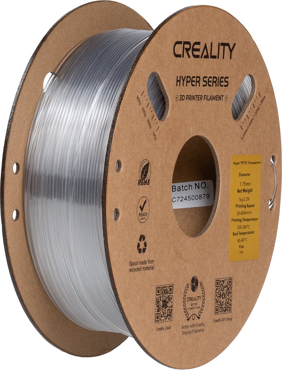 Creality Hyper PETG 3D-Printer Filament - 1,75mm 1kg - Hoge Sterkte - Uitstekende Laaghechting - Duurzaam Printmateriaal - Geschikt voor FDM 3D-Printers - Transparant