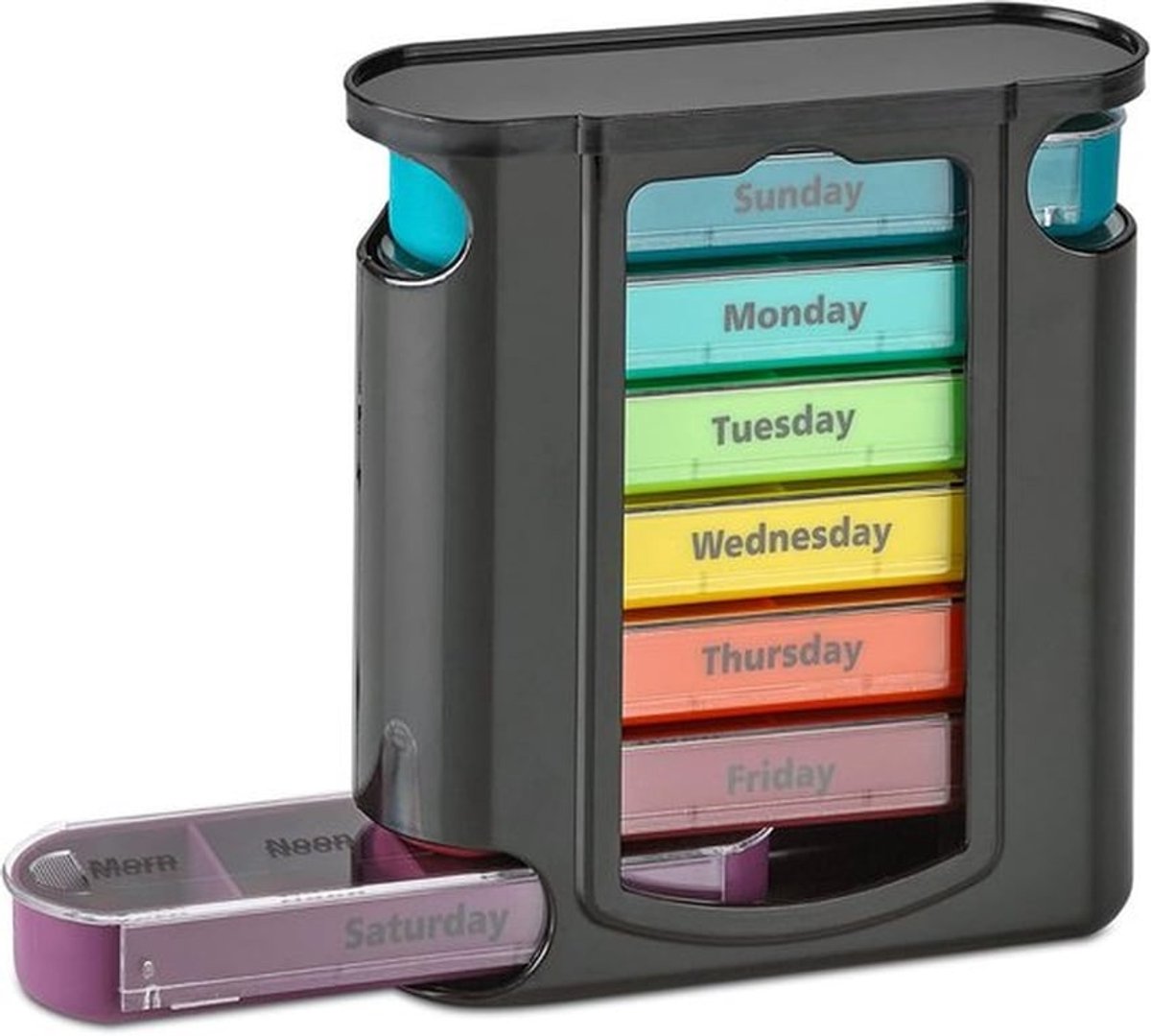 Weekpillendoos, 1 dispenser, 7 stapelbare vakjes, voor gebruik 4 keer per dag – 's ochtends, 's middags, 's avonds en voor het slapengaan. Zwart.