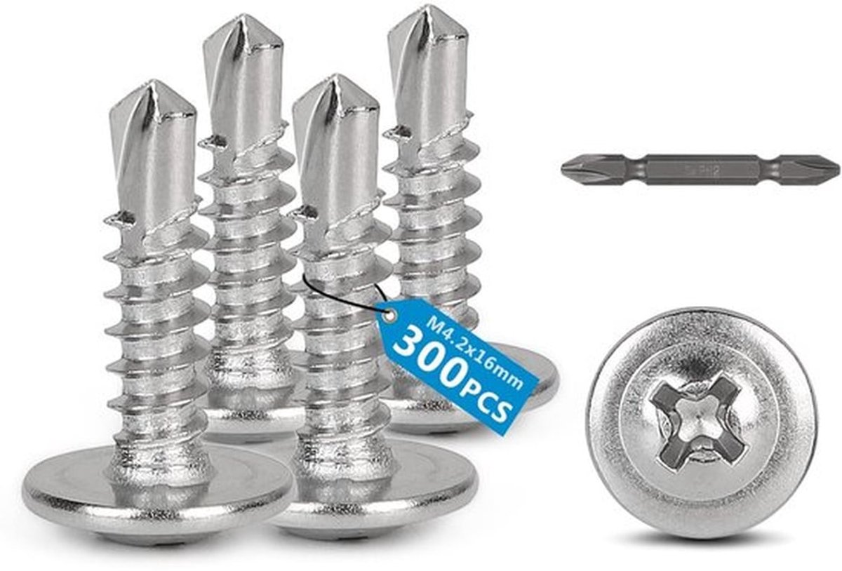 Zelftappende Schroeven 300 Stuks - M4,2 x 16 mm - Platte Kop - Roestvrij Staal - Boorschroeven - Voor Hout/Kunststof
