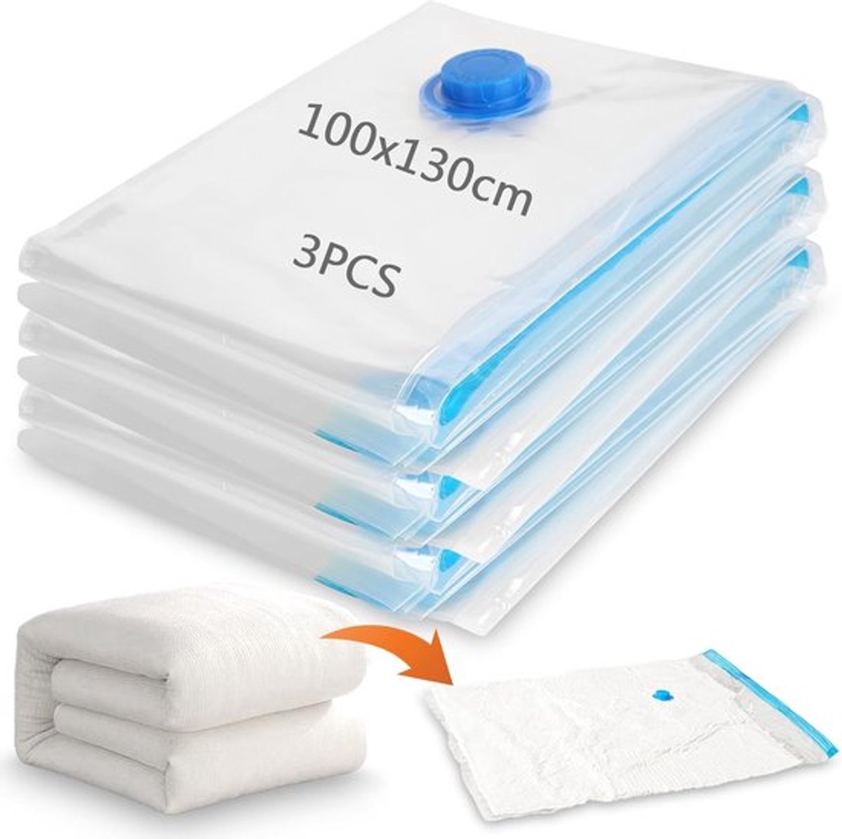 SnelShoppen - Vacuum Storage Bags 3 Pack 100 x 130cm Extra Large Sterke Compressie Zak voor Kleding, Dekens en Dekbedden - Herbruikbare Dubbel Zip Vac