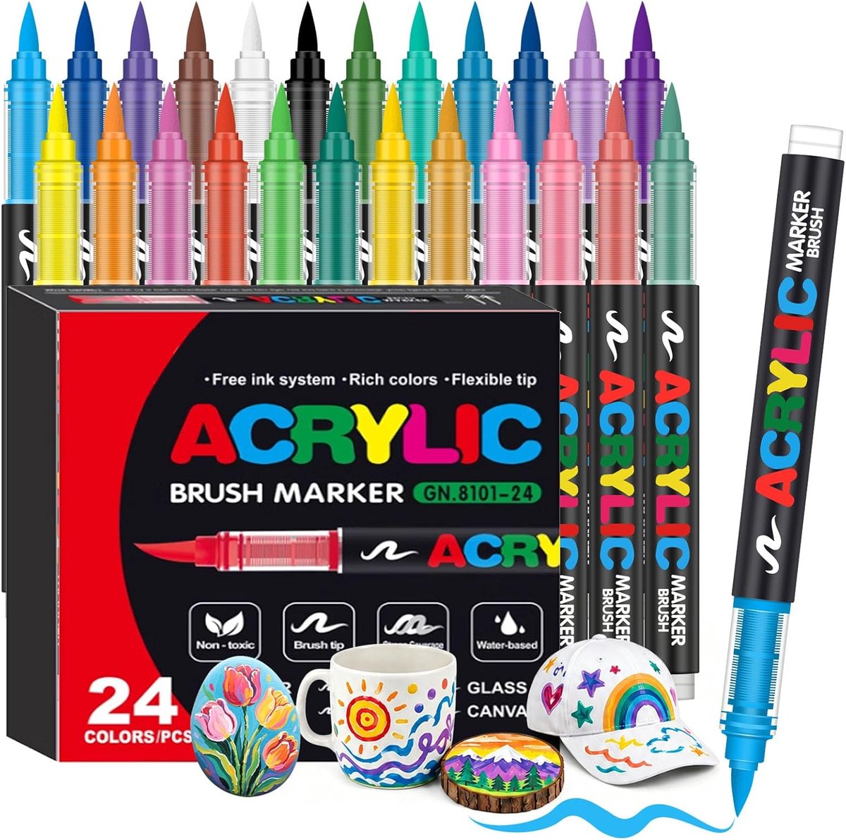 Acrylstiften 24 Kleuren – Acryl Markers met Flexibele Penseelpunt 1-6 mm – Voor Steen - Glas - Hout - Keramiek - Canvas