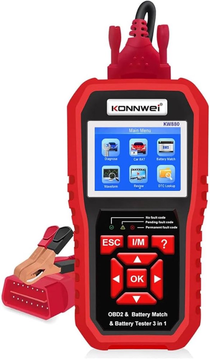 Konnwei KW880 3-in-1 OBD2-scanner, accutester en batterijregistratie