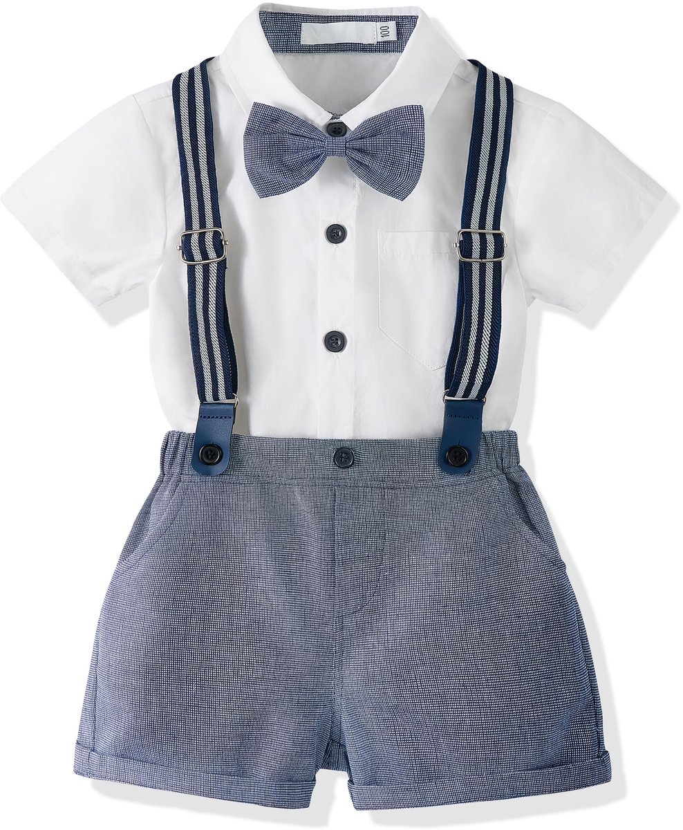 SnelShoppen - Volunboy Baby Jongens Set, Donkerblauw Korte Mouwen Shirt met Vlinderdas + Korte Broek, Perfect voor Feestjes, 2-3 Jaar
