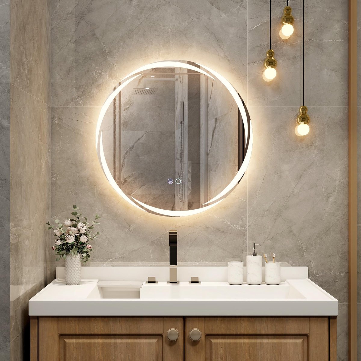 SnelShoppen - FANTASK Led-badkamerspiegel 60 cm Ronde Dimbare Wandspiegel met Anti-Condens en Aanraakschakelaar, Ovale LED Spiegel voor Badkamer en We