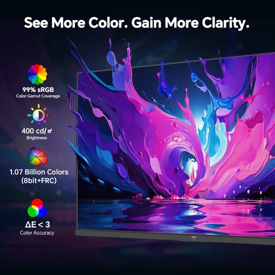 Een monitor met een levendige, abstracte explosie van paarse en blauwe verf. Specificaties: 99% sRGB, 400 cd/m² helderheid, 1,07 miljard kleuren (8-bit+FRC), ΔE < 3.