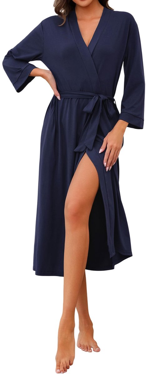 SnelShoppen - Dames Badjas Katoen V-hals Elegante Lichte Badjas met Riem en Zak Navy Blauw XXL voor Thuis, Wellness, en Ontspanning