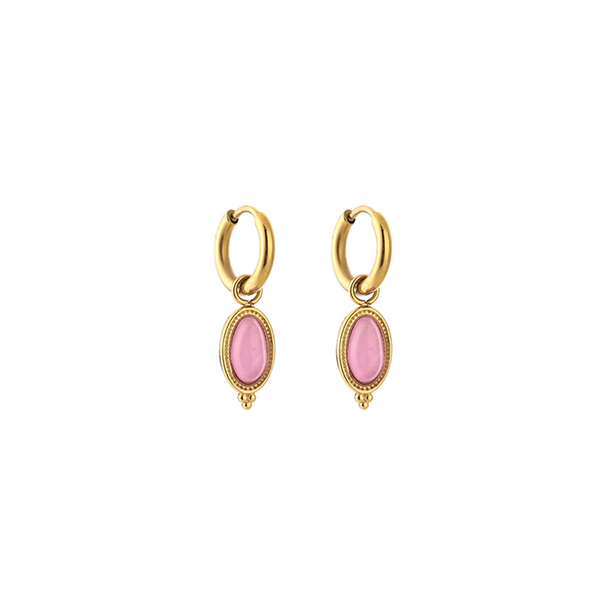 Stainless Steel Boho Oval Natural Stone Charm Hoops – Luxe Boho Natuursteen Oorringen – RVS - Roze