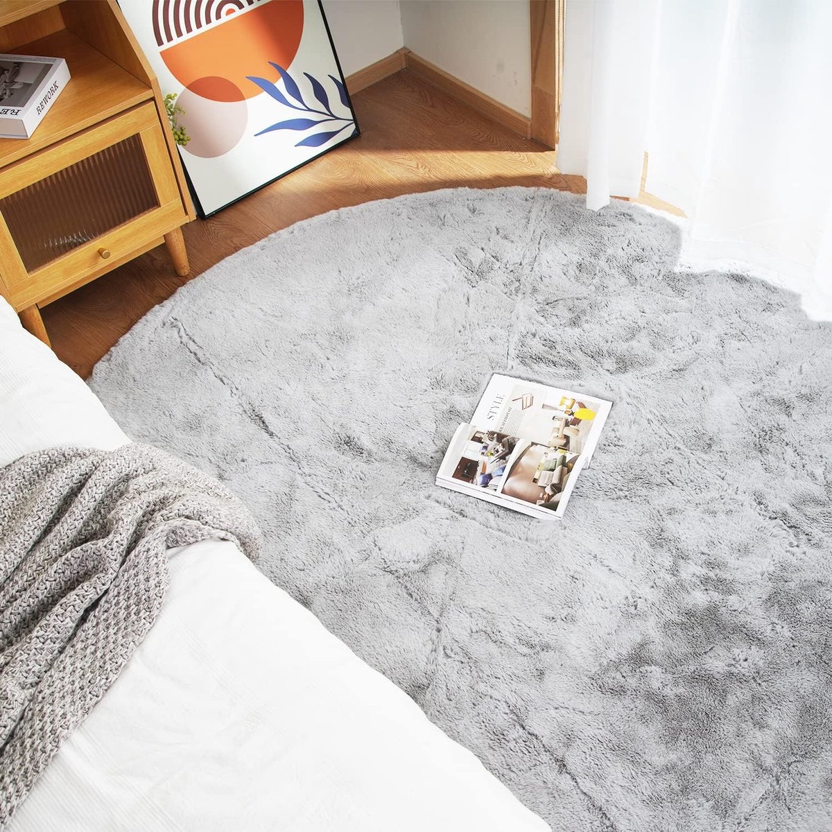 SnelShoppen - Hoogpolig Vloerkleed Ronde 240 cm Grijs Antislip Zacht Pluizige Shaggy Faux Fur Wasbaar Fluffy Tapijt voor Woonkamer en Slaapkamer