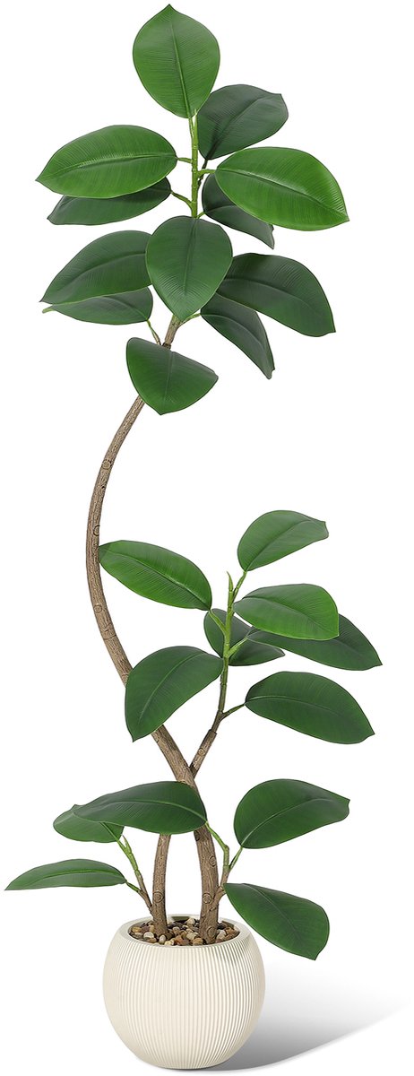 150 cm hoge kunstrubberboom, levensechte kunstplant met witte pot, staande kunstplant met realistische bladeren voor binnen en buiten, decoratie voor woonkamer, kantoor en hoeken in huis