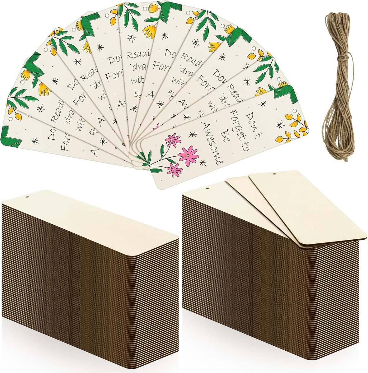 Houten Boekenleggers - 50 Stuks Groot Formaat 3.2x12 cm - Rechthoekige Onbewerkte Houten Boekenlegger met Gat en Koord - DIY Knutselen - Schilderen - Bruiloft en Verjaardagsdecoratie