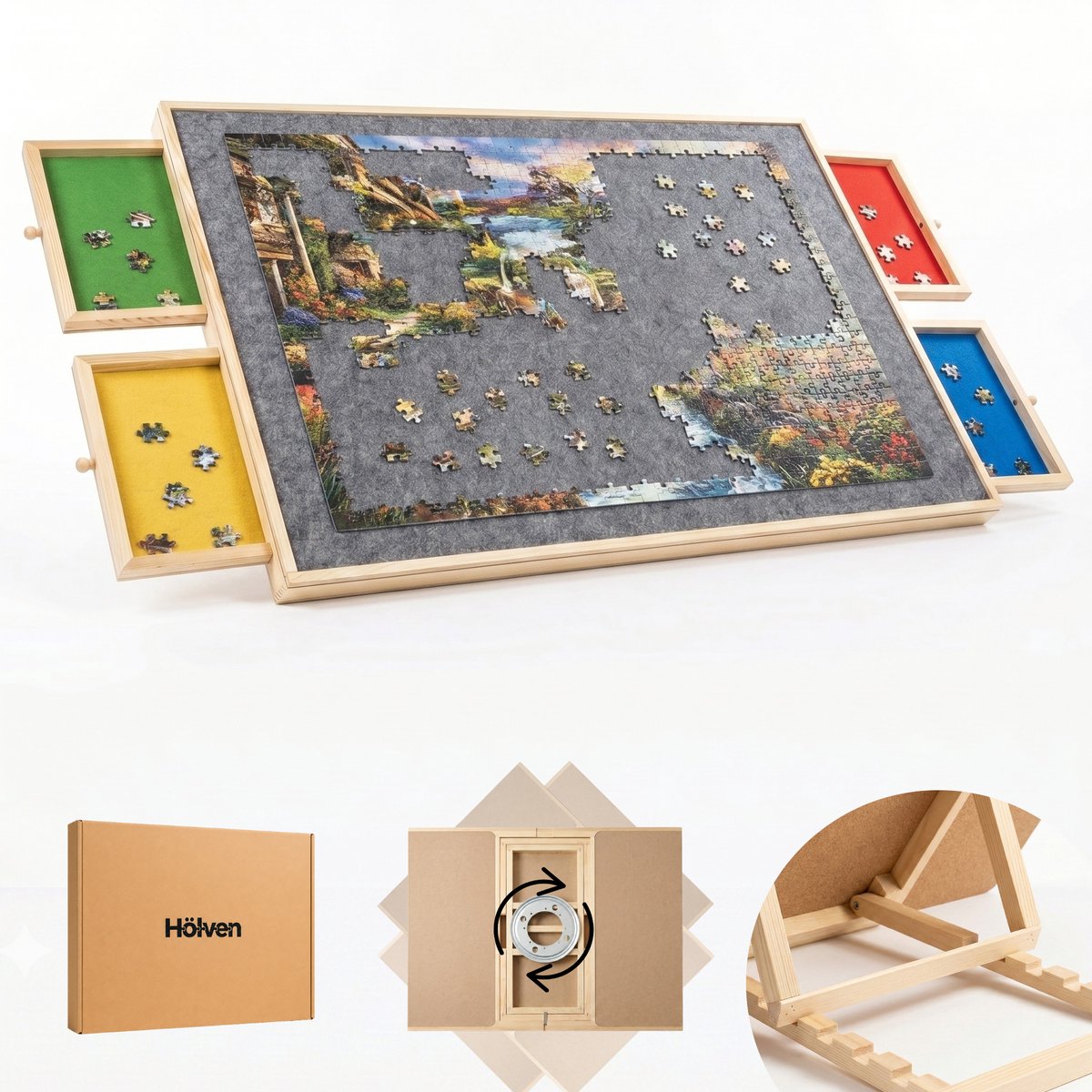 Hölven® Puzzelbord 1000 stukjes - Verstelbaar & Draaibaar Puzzelbord - Puzzeltafel - Puzzelplaat met opbergsysteem - Portapuzzle - Puzzelplank - Puzzel bord