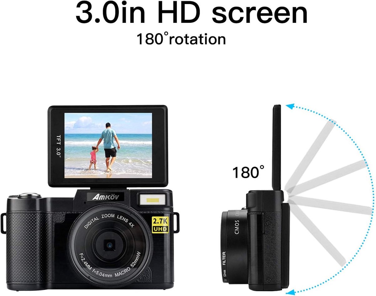 SnelShoppen - Wifi Digitaal Vlogging Camera 2.7K 48MP HD Fotocamera met 3 Inch Scherm, Oplaadbaar, 180° Rotatie voor Beginners, Ideaal voor Feest, Cam thumbnail 3
