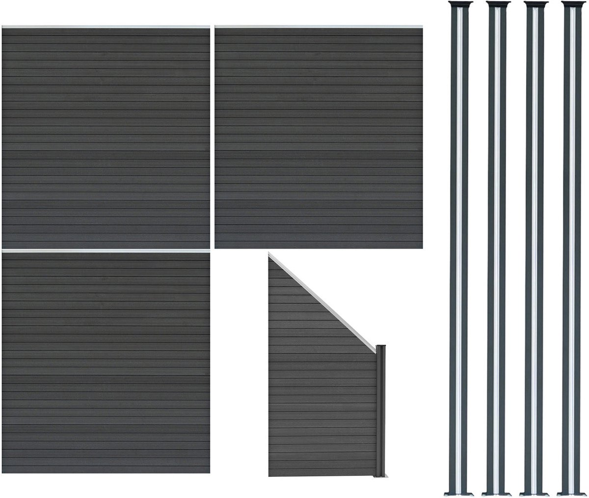Composiet schuttingpaneel set - grijs - 619x185 cm - met led-palen