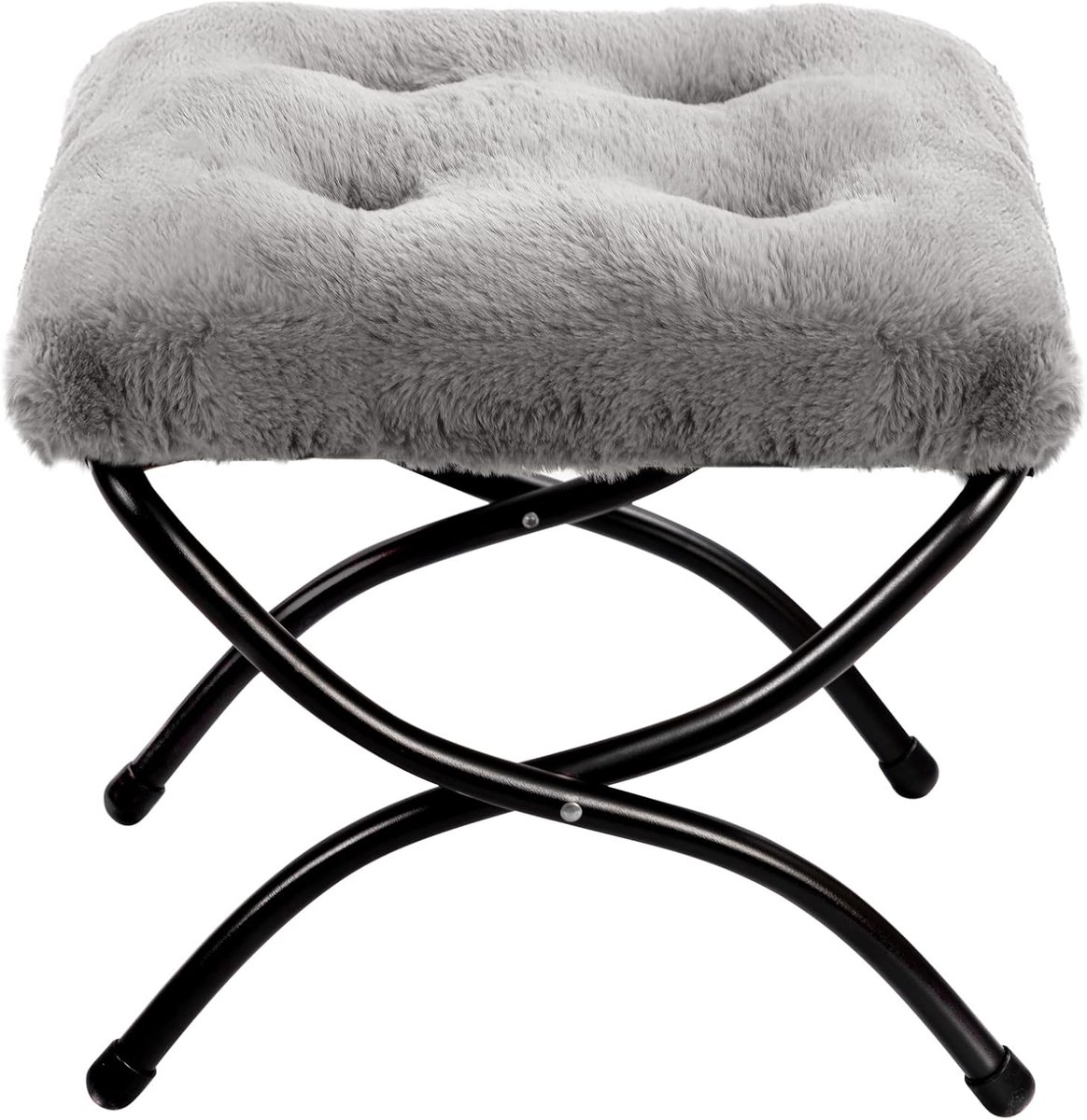 SnelShoppen - Vouwbare Voetensteun Met Metalen Poten, Kleine Ottoman, Pluche Grijs, Comfortabel Voetenbankje Voor Thuis, Tuin, Camping, Feest