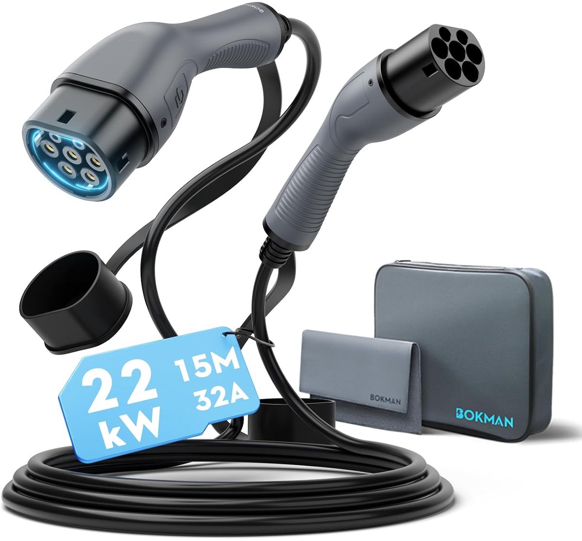 SnelShoppen - Bokman Type 2 Laadkabel 22 kW / 32A / 3 Fase / 15M - Modus 3 Type 2 naar Type 2 EV Oplaadkabel voor Elektrische Auto's en PHEV's