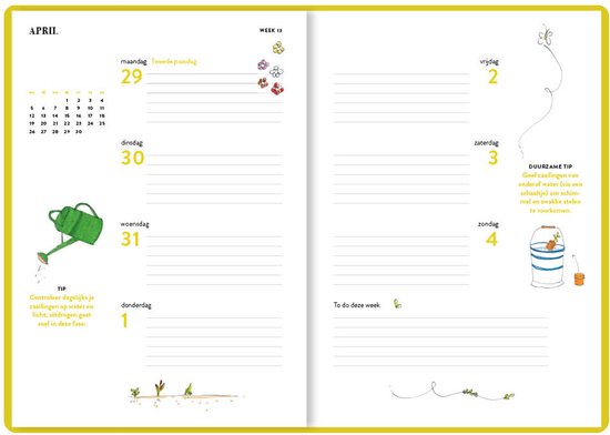 Pagina uit Moestuin Agenda voor april. Bevat een kalender, een gieter, plantjes en een emmer met compost.