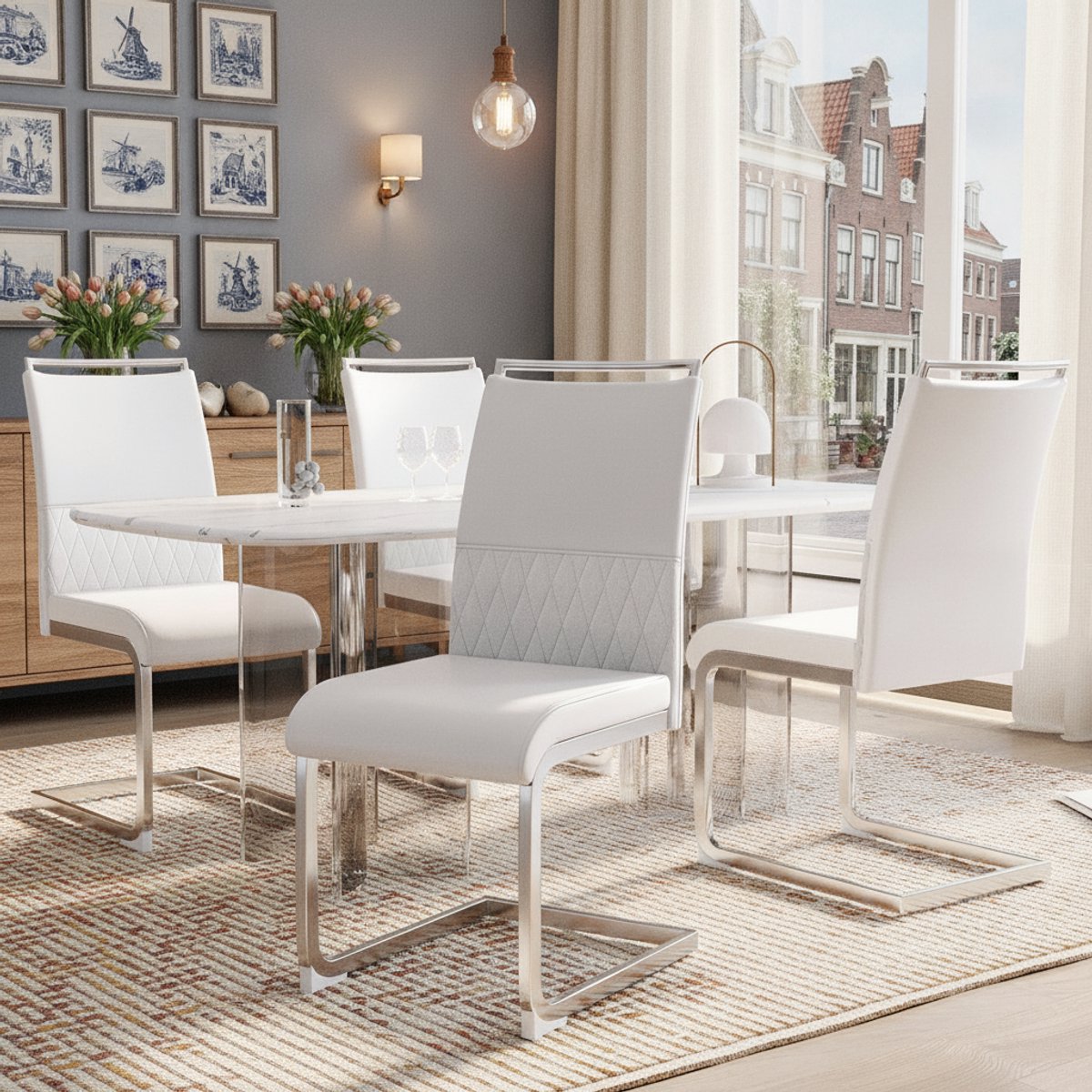 Welltin Eetkamerstoelen, set van 4, PU-leer en linnen rugleuning, hoge gestoffeerde stoel, horizontale strepen op de rugleuning, geschikt voor eetkamer, keuken, gastenkamer of kantoor, Wit