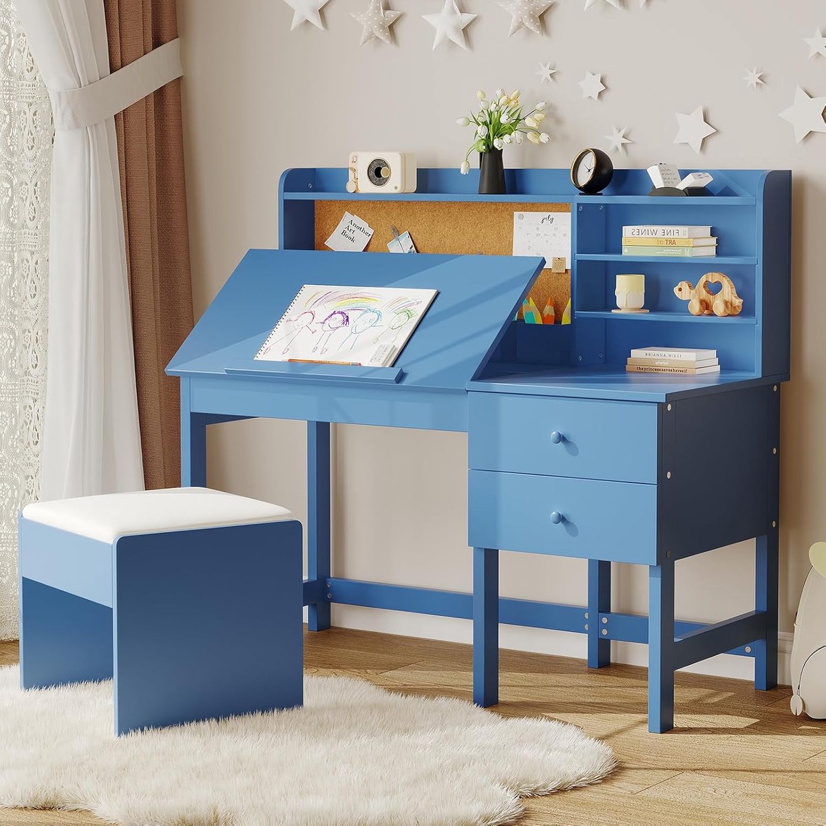 Bureau- en stoelset voor kinderen - Houten studietafel - Verstelbaar kantelbaar tafelblad - Lades en kurkbord - Schoolbureauset voor kinderen - voor jongens en meisjes - Leeftijd 3-8 jaar - Blauw