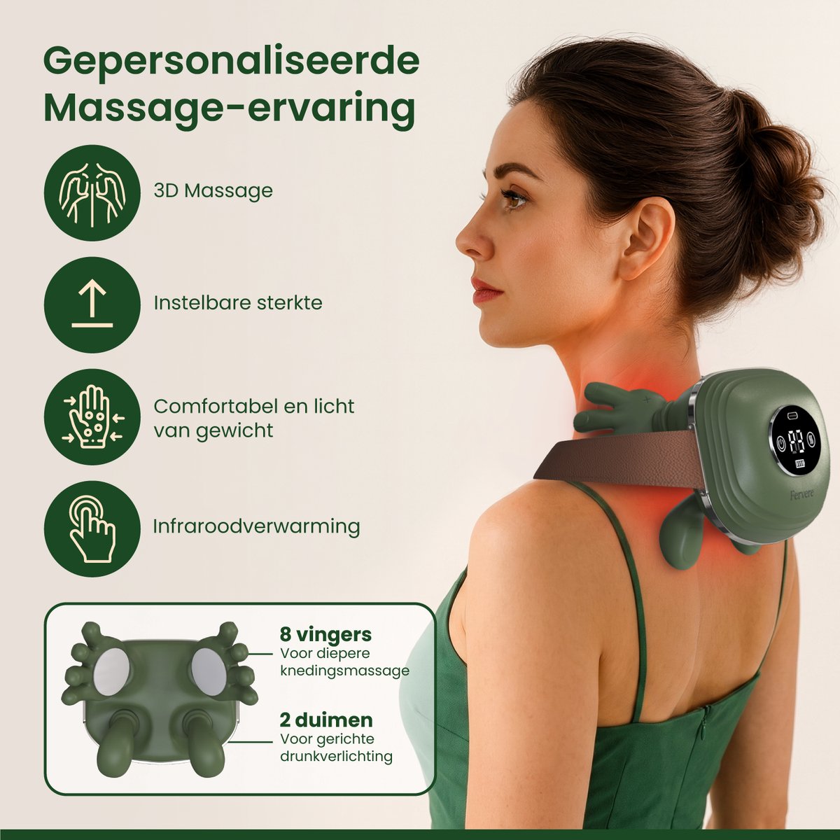 Fervere Premium 4D Nekmassage Apparaat - Bionische Massagehanden met Warmte - Draadloze Shiatsu Massager - LED Display - Voor Nek, Schouders, Rug, Armen & Benen - Donkergroen thumbnail 2