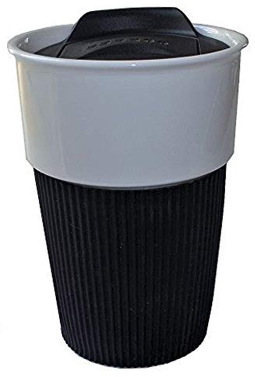 Porseleinen Koffiemok - Reismok Mok - Koffie Onderweg - Met Siliconen Coating - 350 ml - Zwart