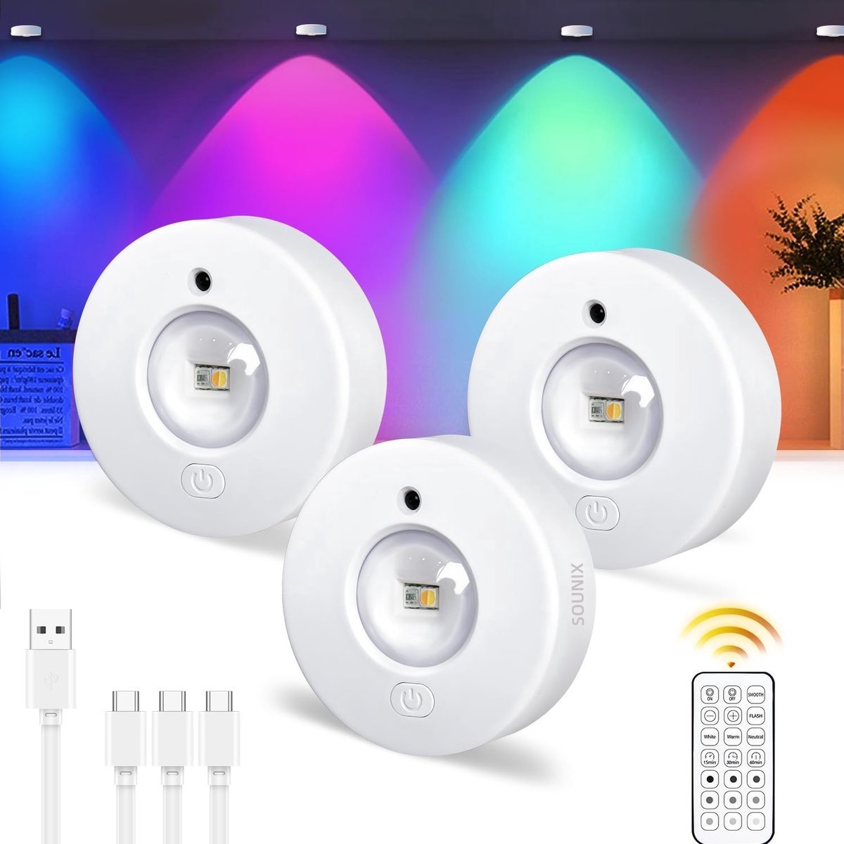 Sounix Kastverlichting Draadloos - Draadloze Spotjes Met afstandsbediening - USB Oplaadbare - Dimbaar - 3 stuks - Wit