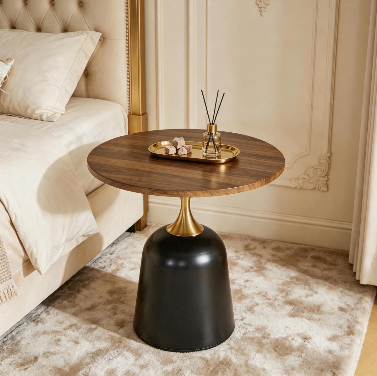 REDOM - Bijzettafel - Rond tafelblad van 60 cm - Metalen onderstel - Stabiele tafelvoet - Woonkamer of slaapkamer - Melamine - Walnootkleur en zwart - 60 x 60 x 58 cm