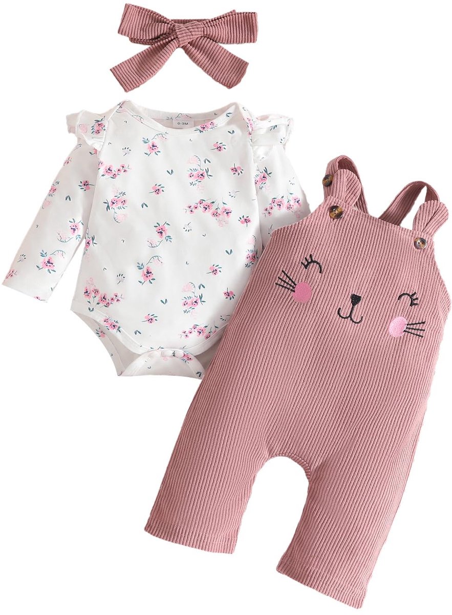 SnelShoppen - Baby meisjes bloemen tops body en verstelbare tuinbroek overalls set, Roze bloemen, 0-3 maanden, schattige outfit voor feestjes en dagel