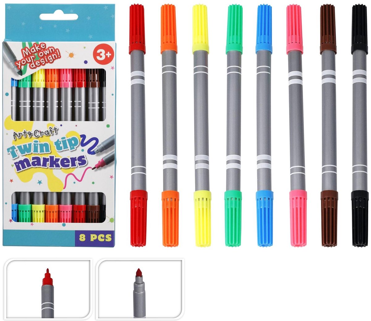 Free & Easy dubbele viltstiften - DUO stiften - 8x stuks - dubbelzijdig - dikke en dunne punt - kleuren/tekenen