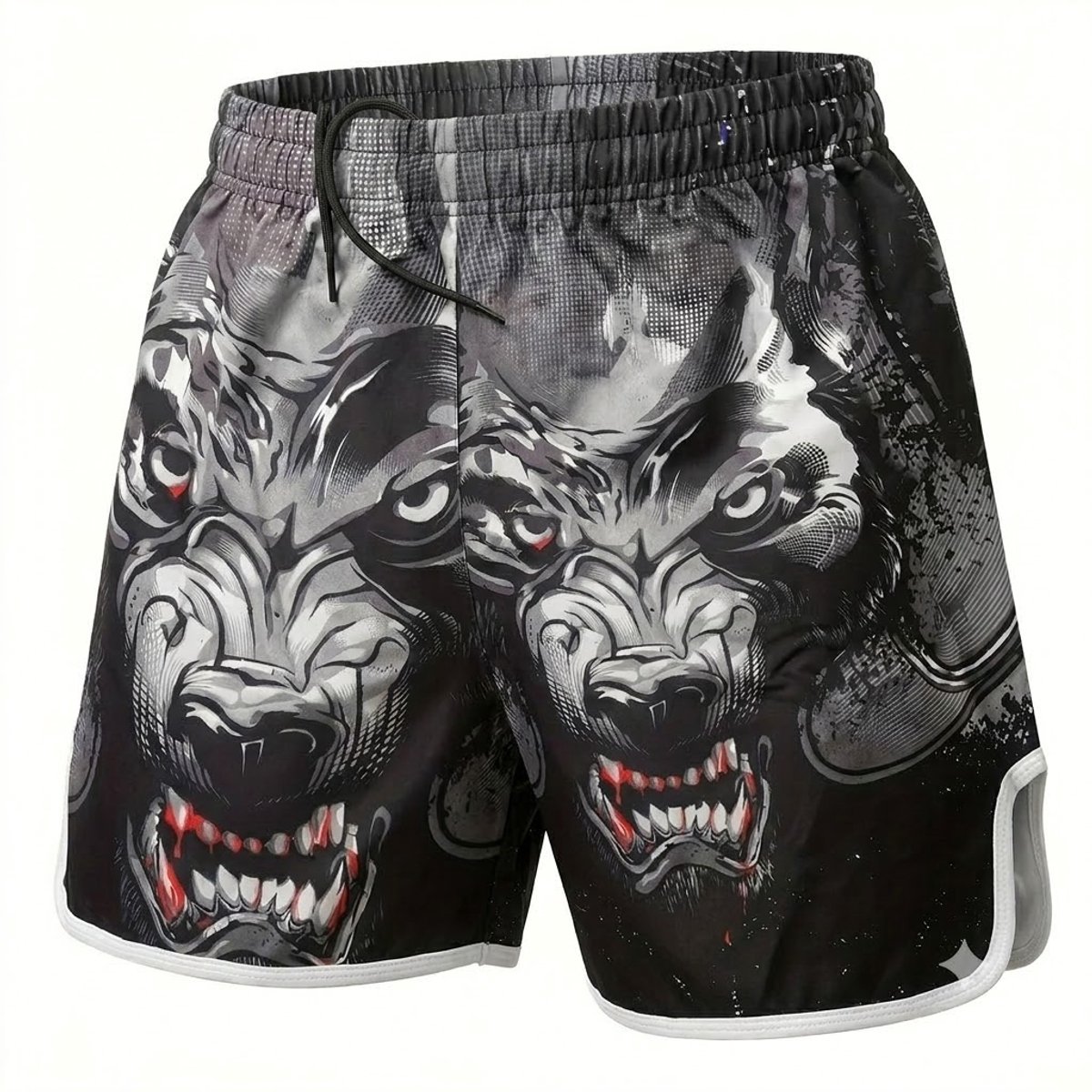 Zwarte boksbroek heren dames maat XL met wolf print – Muay Thai sport short voor vechtsport, MMA, kickboksen, sanda en training met elastische tailleband