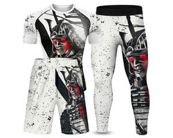 Gemengde kleur compressie sport set heren maat M 3 delig met krijger print – sport shirt, sport short en compressie legging voor fitness, hardlopen, training en vechtsport