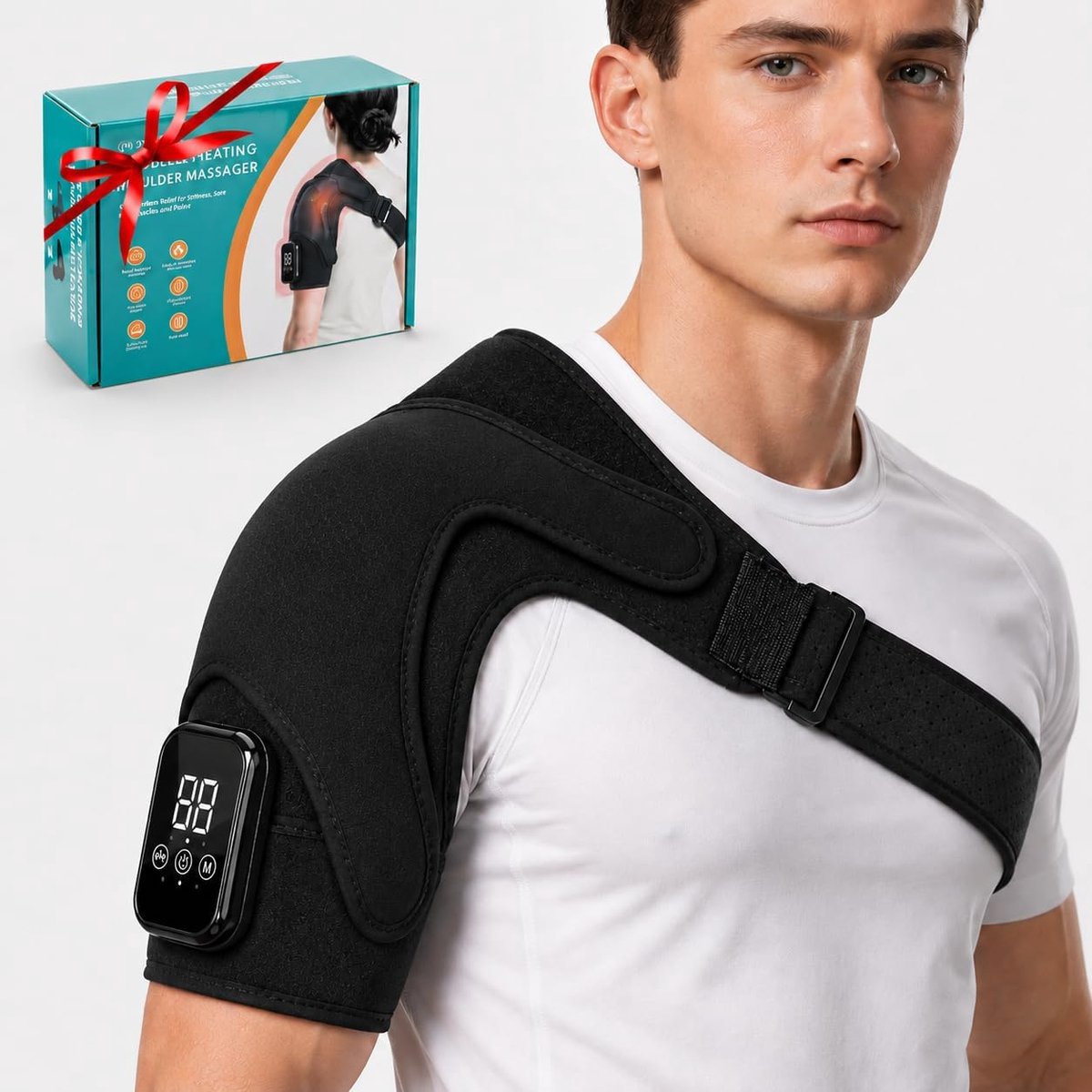 Schouderverwarmer - Draadloze Schouderbrace met Vibratiemassage - 3 Vibratiestanden & 3 Warmtestanden - 2500mAh Batterij met USB-C Opladen - Ergonomisch Ontwerp - Zwart