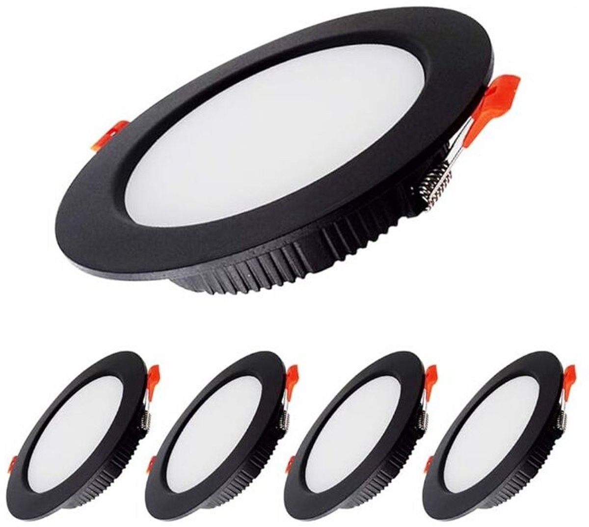 Set van 5 ultradunne zwarte inbouw-ledspots, 500 lm, 5 W, ronde led-plafondlamp (vergelijkbaar met 50 W gloeilamp), koel wit (6000 K), AC 220-240 V, IP44, led-inbouwspot voor binnen (badkamer, keuken, woonkamer, hal).