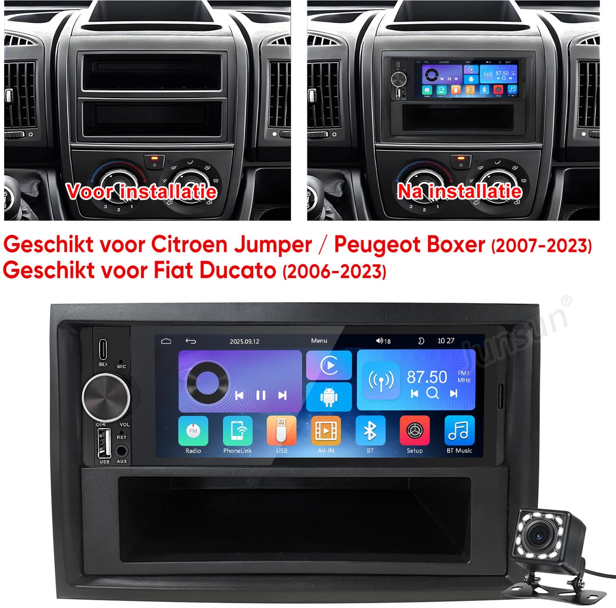 Cestovet 1DIN autoradio -Draadloos Carplay Android Auto - Geschikt Voor Fiat Ducato Peugeot Boxer Citroen Jumper 2006 t/m 2022 - Achteruitrijcamera & Microfoon - Plag & Play met 6,36" scherm RDS, USB, Stuurwielbediening