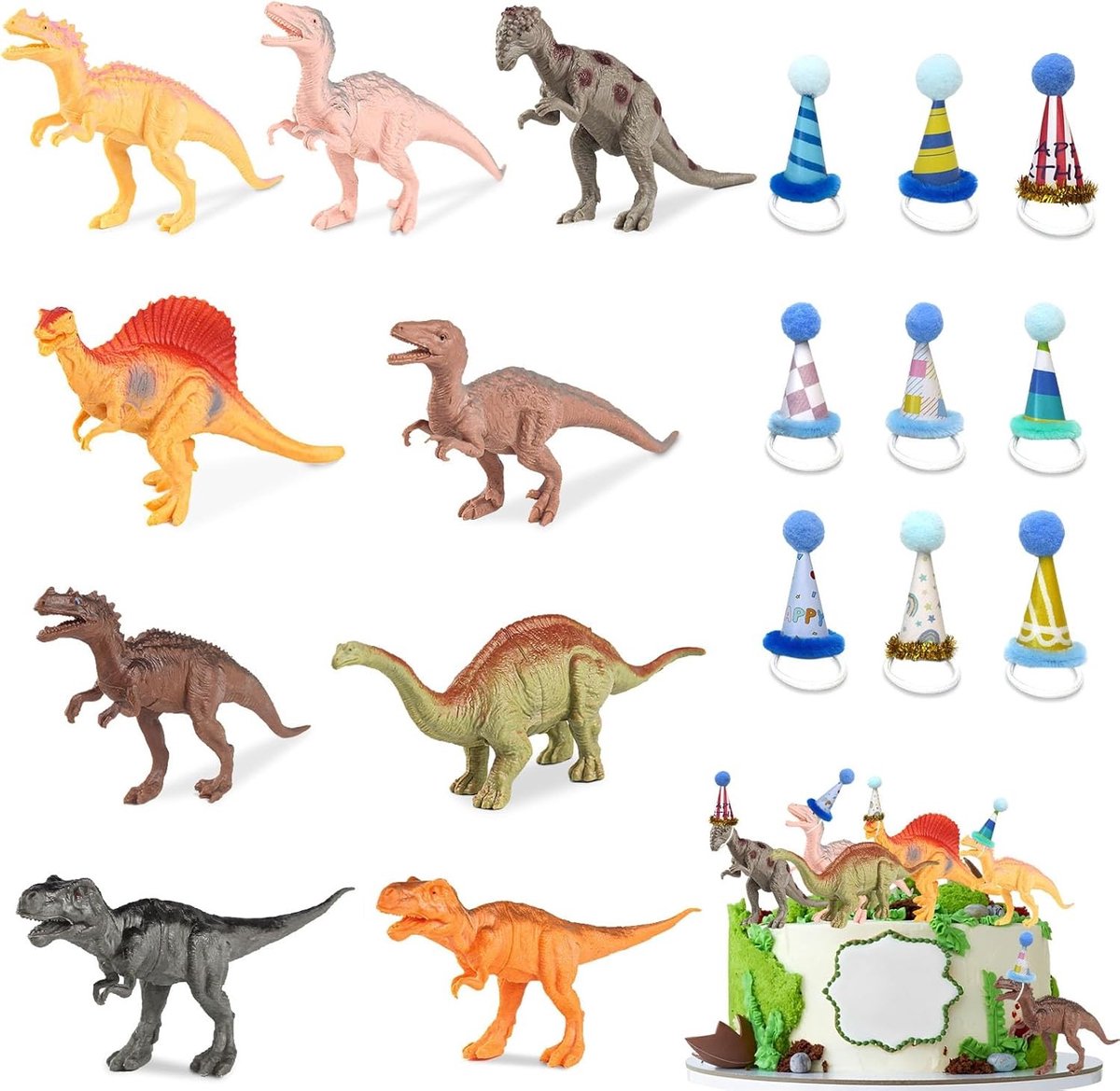 Dino Taartdecoratie Set met 18 Stukken, Feestelijke Versiering voor Verjaardagen, Inclusief Mini Rok en Hoed voor Kindertaarten