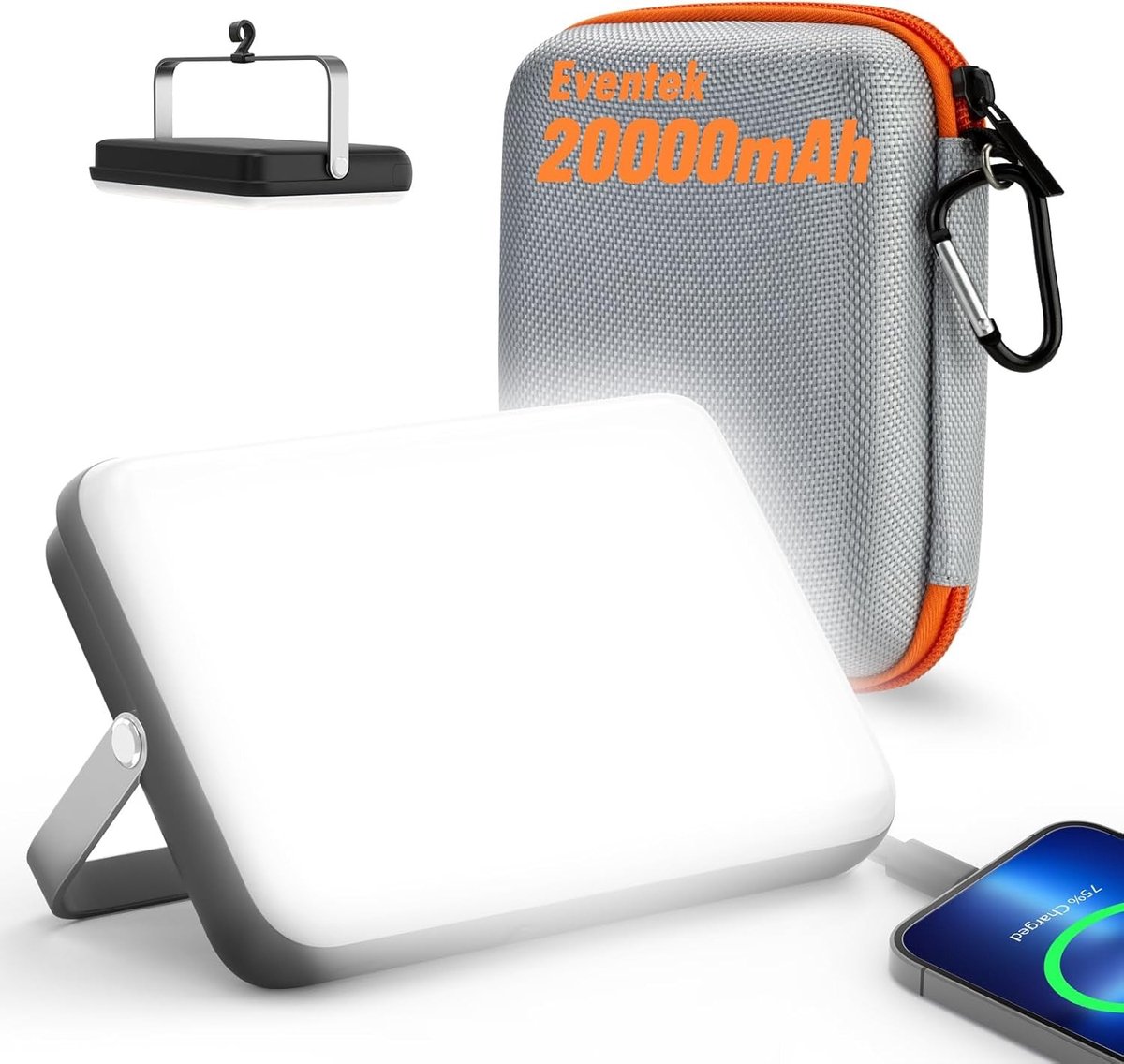 LED-campinglamp 4000 lumen, 20000 mAh powerbank, USB-C oplaadbaar, tot 144 uur, IPX5, 4 lichtstanden, zwart