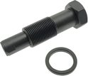 Zwarte kettingspanner met zeskantkop en schroefdraad, met een losse ring.
