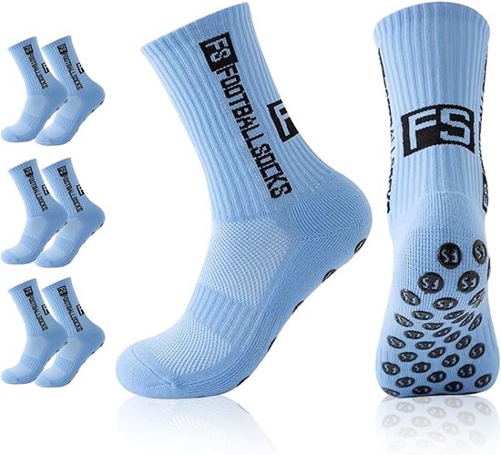Chaussettes de football bleu clair avec grip, logo 'FS FOOTBALLSOCKS' et picots antidérapants sous le pied.